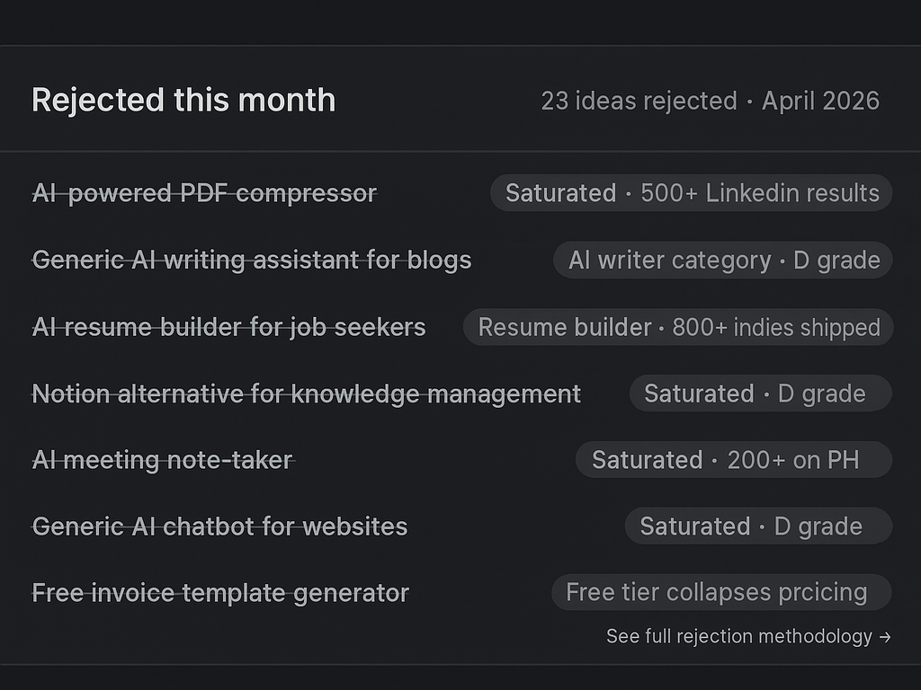 A 'Rejected this month' panel showing seven strikethrough idea titles with reason tags: PDF generator, AI writing assistant, resume builder, Notion alternative, AI meeting note-taker, generic AI chatbot, free invoice template.