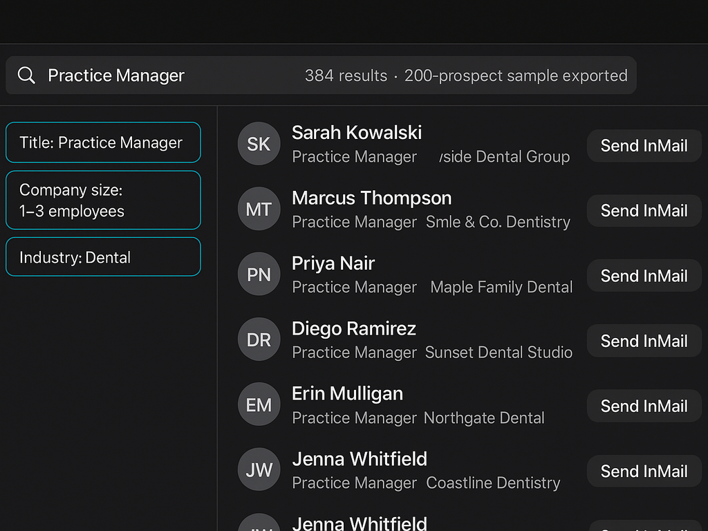 Sales Navigator-style search-results panel for owner-dentists, with three filter chips (Title: Practice Manager, Company size: 1–3, Industry: Dental) and six named result cards visible.